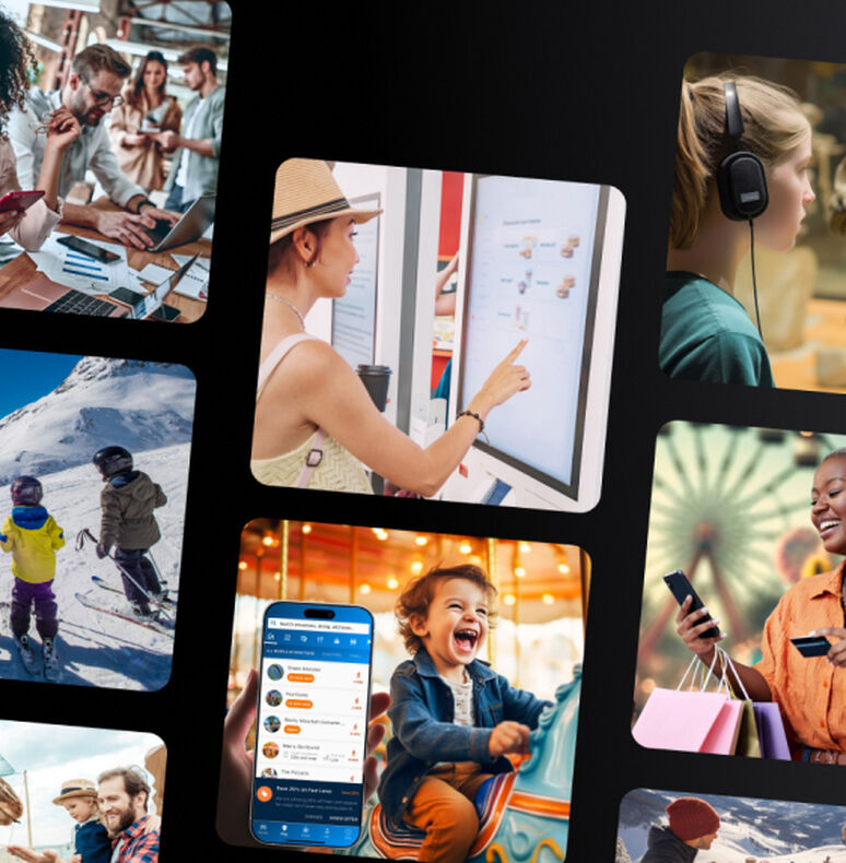 Collage with photos of people at various attractions